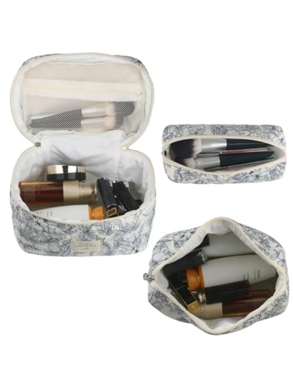 Quilted Floral Makeup Bags Set 2 Pcs Travel Cosmetic Toiletry Organizer Corduroy